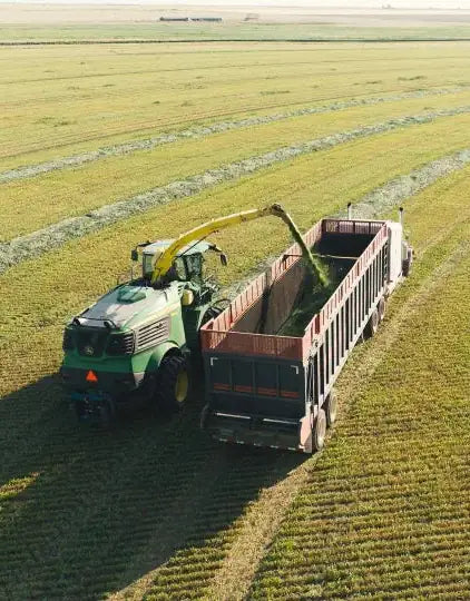 Harvester in a field with a trailer collecting crops